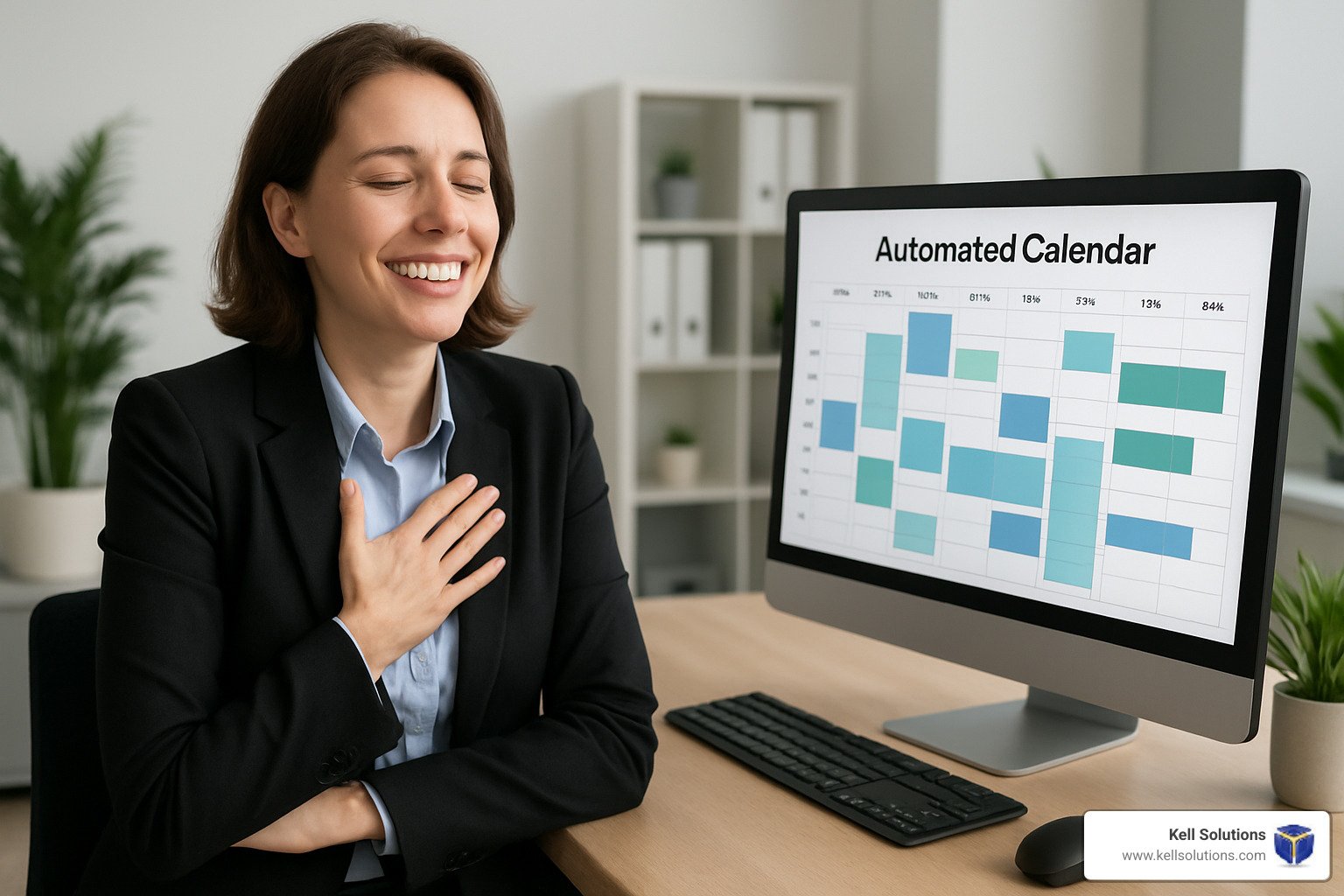 Professional looking relieved next to automated calendar interface - AI appointment scheduler