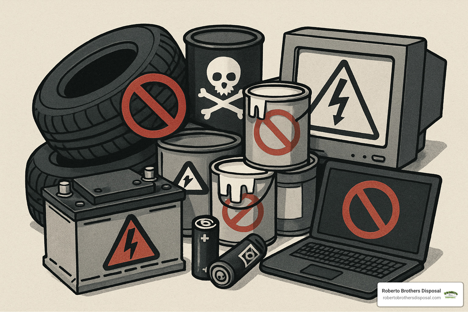 Pile of prohibited items including tires, paint cans, batteries, and electronics with warning symbols - 15 yard dumpster rental
