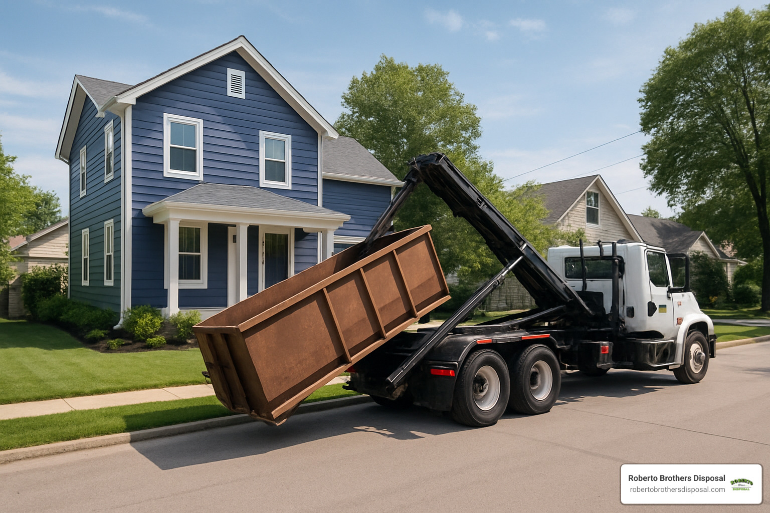 Completed renovation project with clean workspace and dumpster being picked up by truck - 15 yard dumpster rental