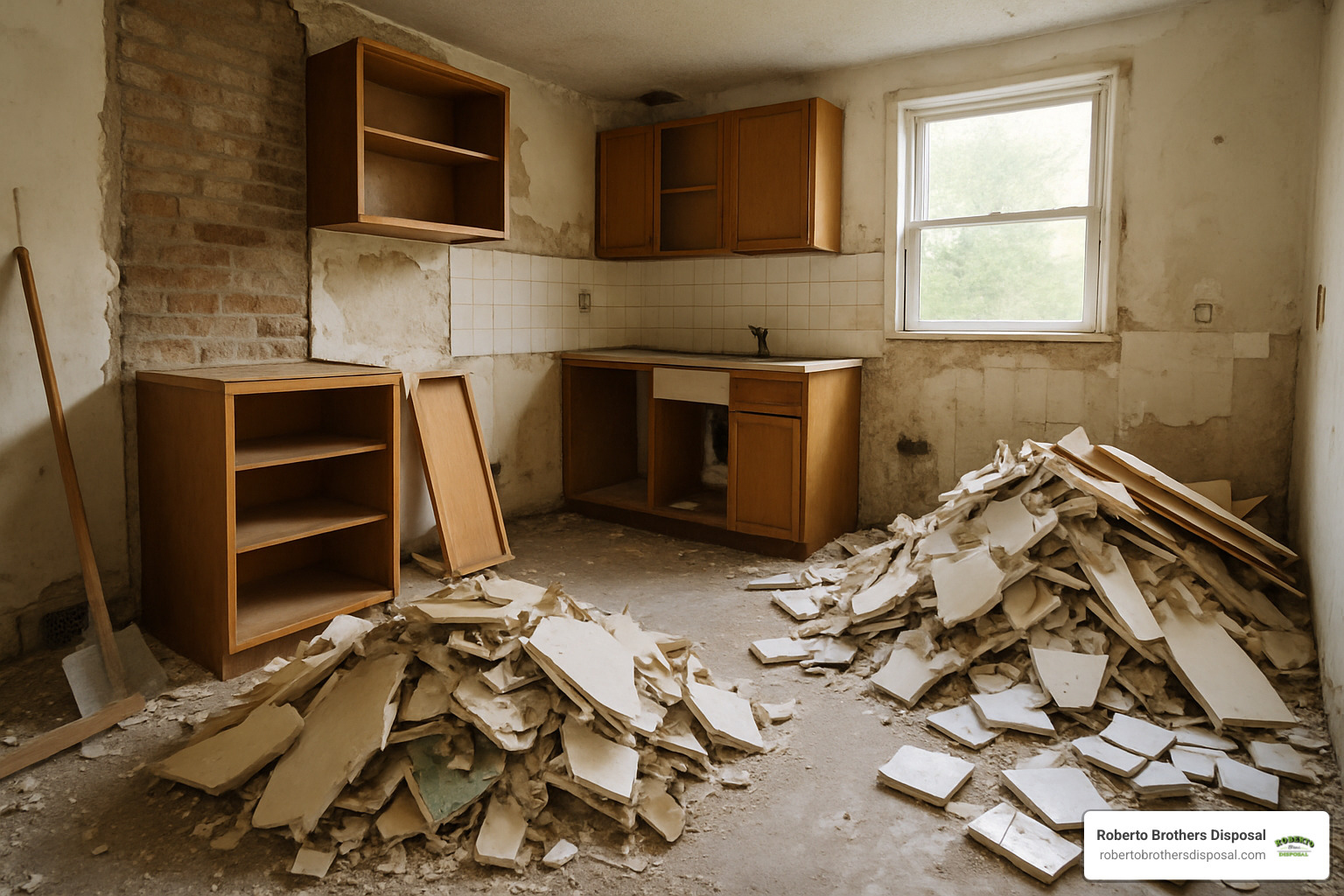 Kitchen renovation with debris and materials ready for dumpster disposal - 15 yard dumpster rental