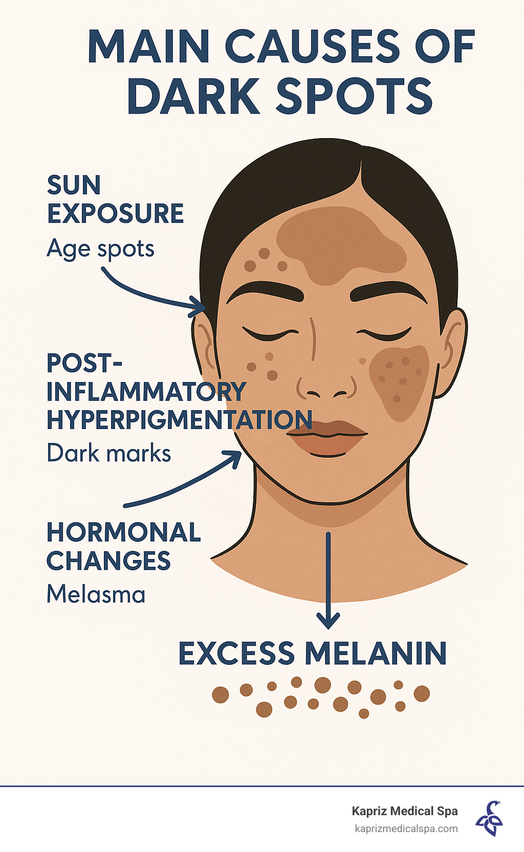Infographic showing the three main causes of dark spots: sun exposure creating age spots on the upper cheek area, post-inflammatory hyperpigmentation forming dark marks after acne lesions heal, and hormonal changes causing melasma patches typically on the forehead and cheeks, with arrows indicating how each cause leads to excess melanin production in specific skin areas - face peel for dark spots infographic 