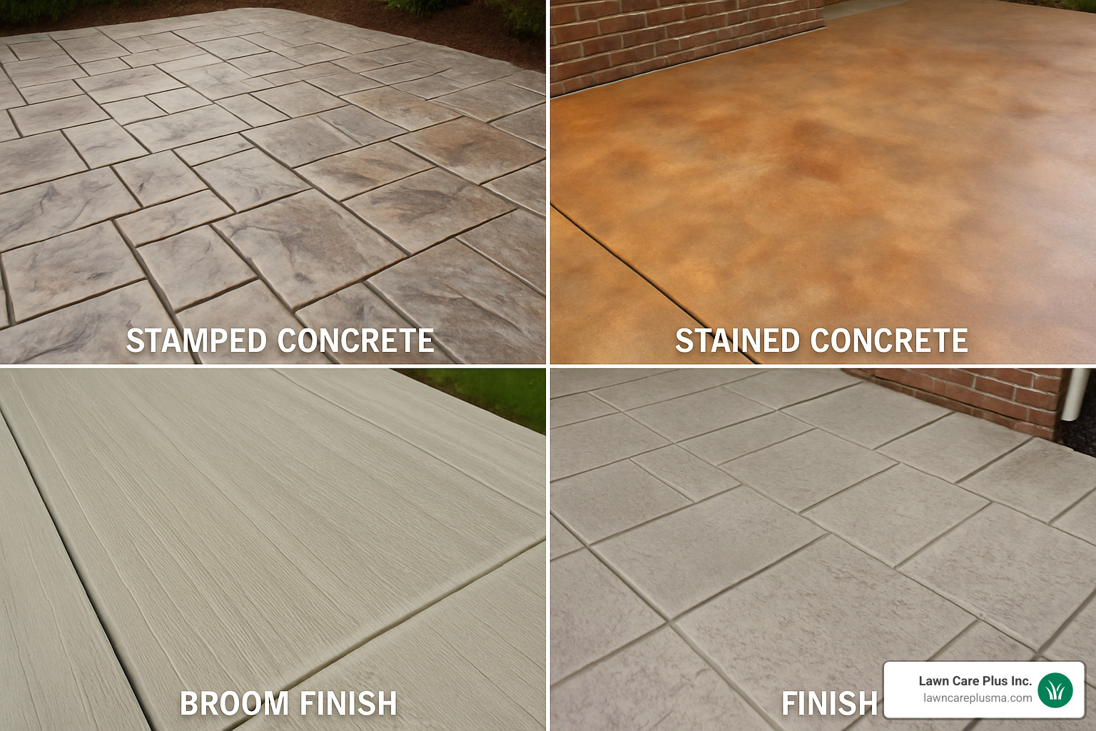 Different concrete finishes including stamped, stained, and broom finish patterns - concrete patio installers near me