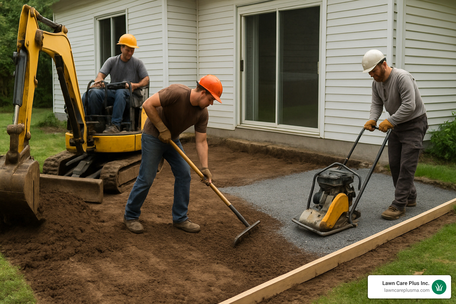 Professional team preparing ground for concrete pour - concrete patio installers near me