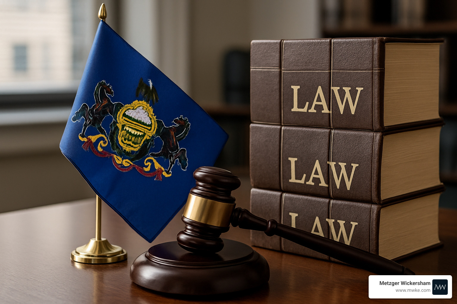 gavel and law books with Pennsylvania state flag - accident attorney lancaster pa