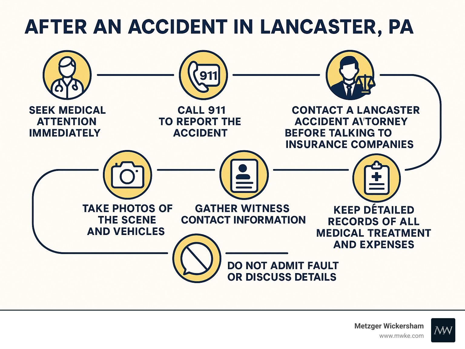 Infographic showing immediate steps after an accident in Lancaster PA: 1. Seek medical attention immediately, 2. Call 911 to report the accident, 3. Take photos of the scene and vehicles, 4. Gather witness contact information, 5. Do not admit fault or discuss details, 6. Contact a Lancaster accident attorney before talking to insurance companies, 7. Keep detailed records of all medical treatment and expenses - accident attorney lancaster pa infographic 