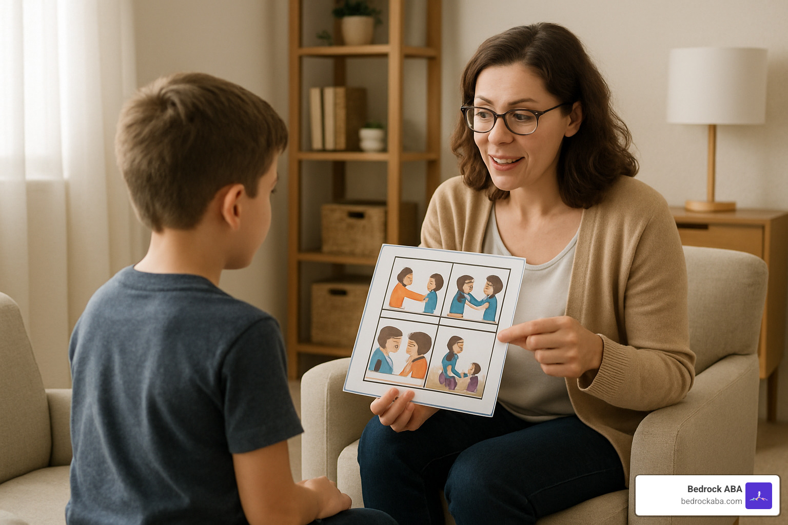 Therapist using a visual aid to explain a social situation to a child - aba therapy for anxiety