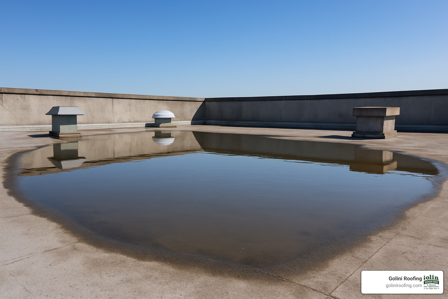 Significant ponding water on a flat roof showing drainage problems - Flat roofing Burlington MA