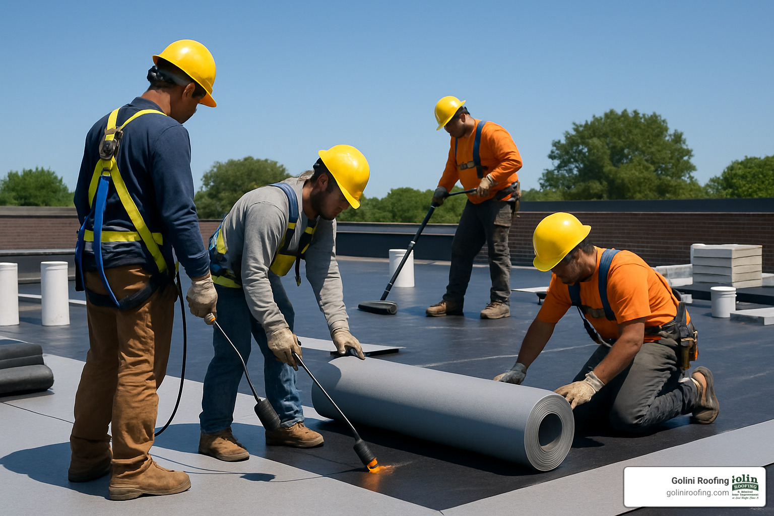 Professional roofing crew installing a flat roof with proper safety equipment and materials - Flat roofing Burlington MA