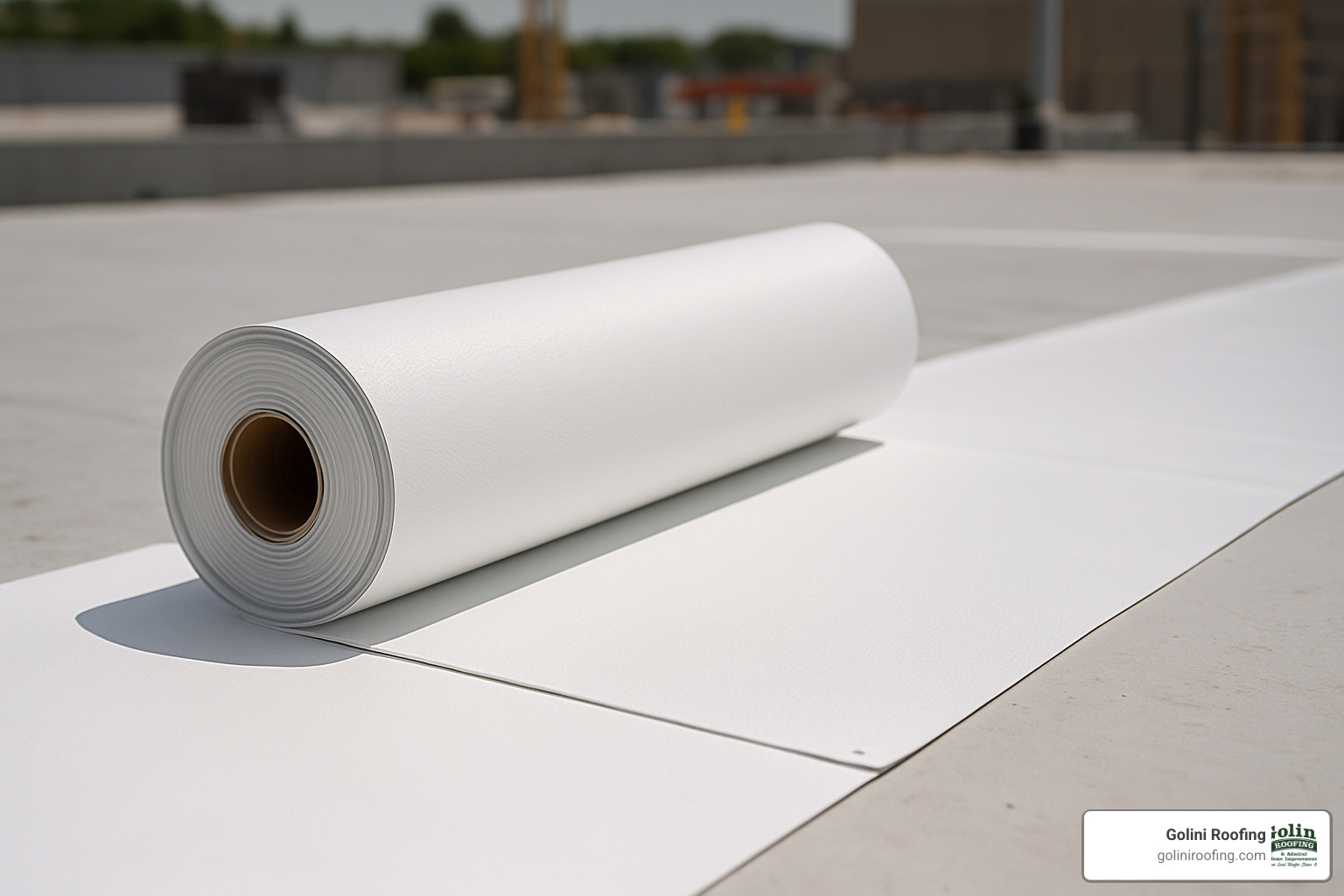 Roll of white TPO roofing material ready for installation - Flat roofing Burlington MA