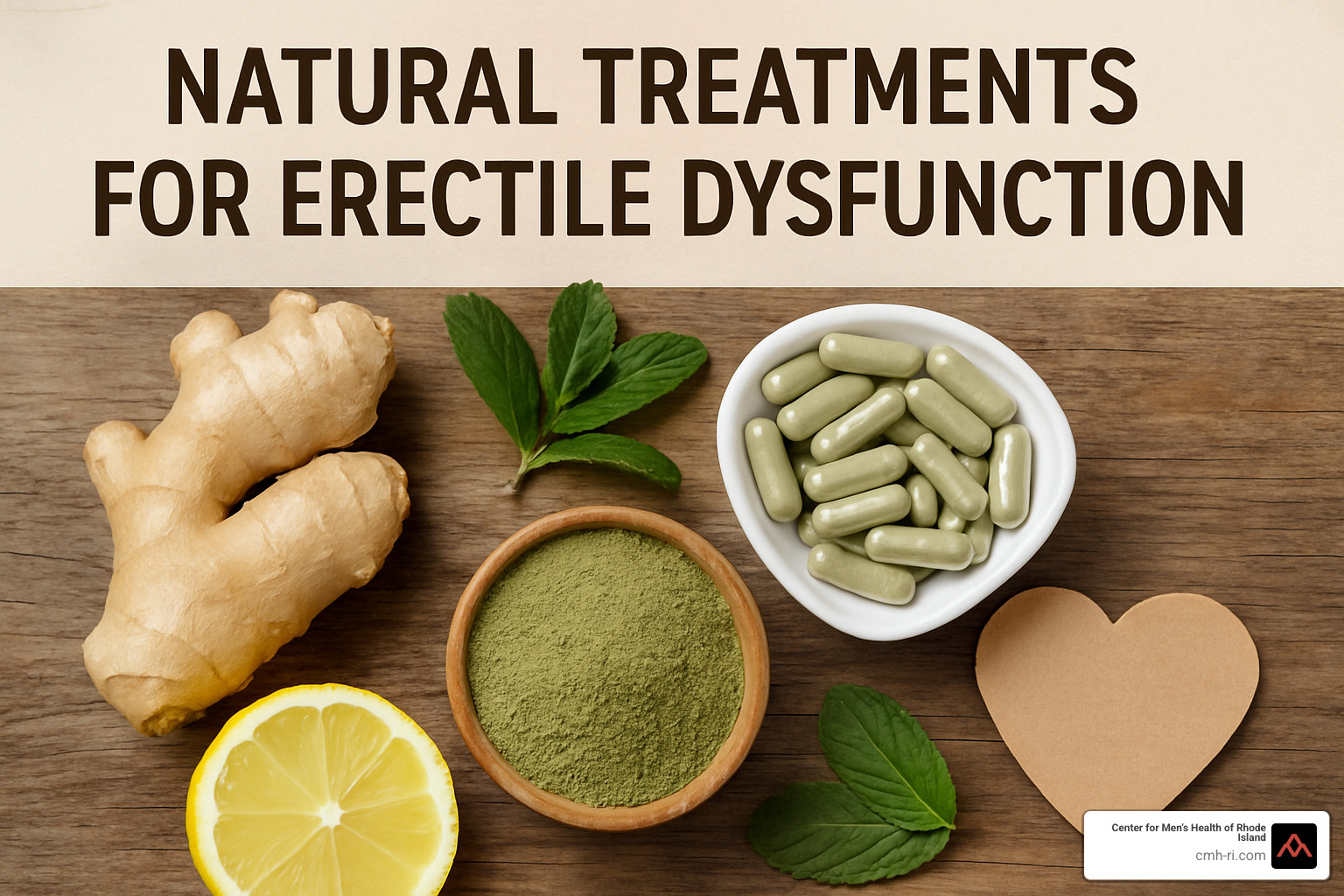 Various herbs and supplement bottles on a wooden table - natural treatments for erectile dysfunction