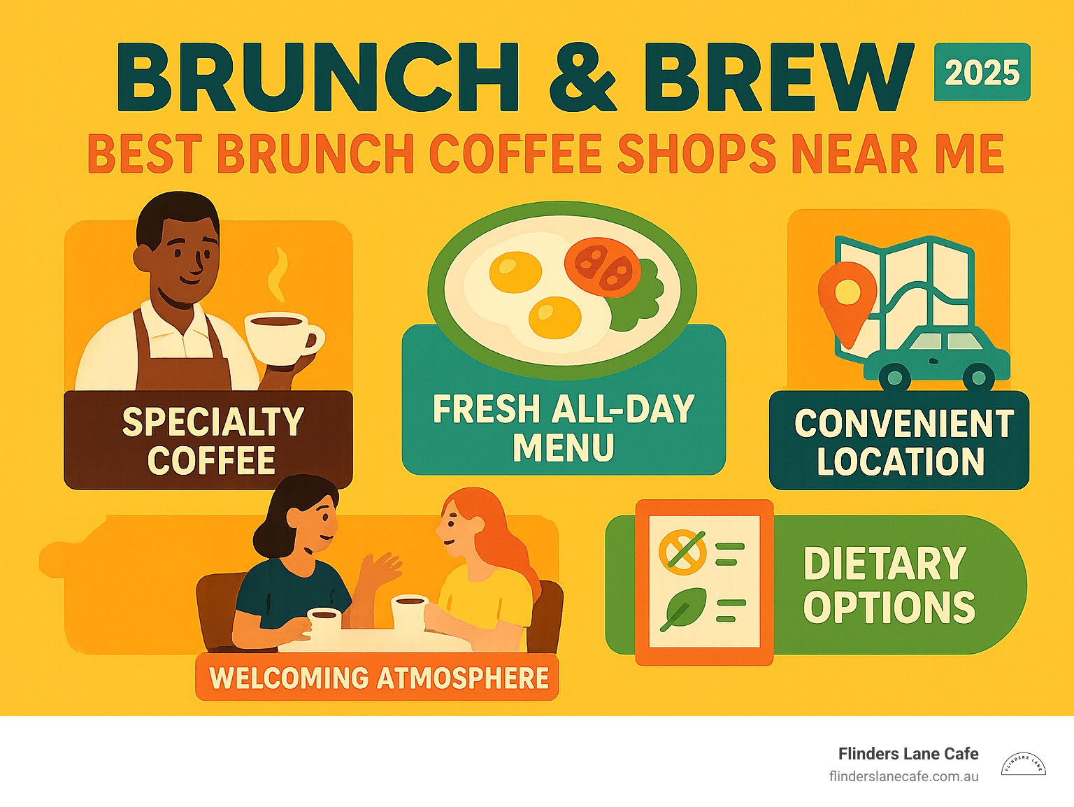 Infographic showing the key elements of perfect brunch coffee shops: specialty coffee with expert baristas, fresh local ingredients prepared to order, welcoming atmosphere for relaxation and socialising, convenient Maroochydore location with easy parking, and dietary options clearly marked including gluten-free and (v) choices - brunch coffee shops near me infographic 