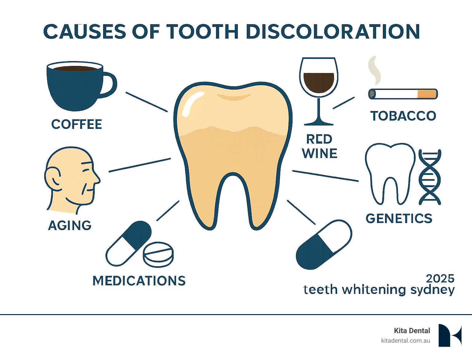 Infographic showing the main causes of tooth discoloration including coffee consumption, tea drinking, red wine, tobacco use, aging process, certain medications, and natural tooth genetics, with visual representations of each cause and their impact on tooth enamel - teeth whitening sydney infographic