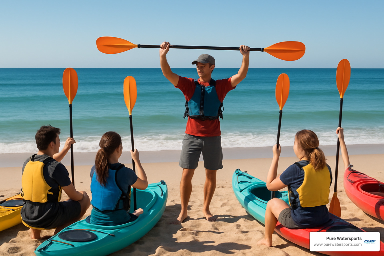 Kayaking instructor demonstrating proper paddle technique to a small group of students on the beach - kayak lessons Orange County