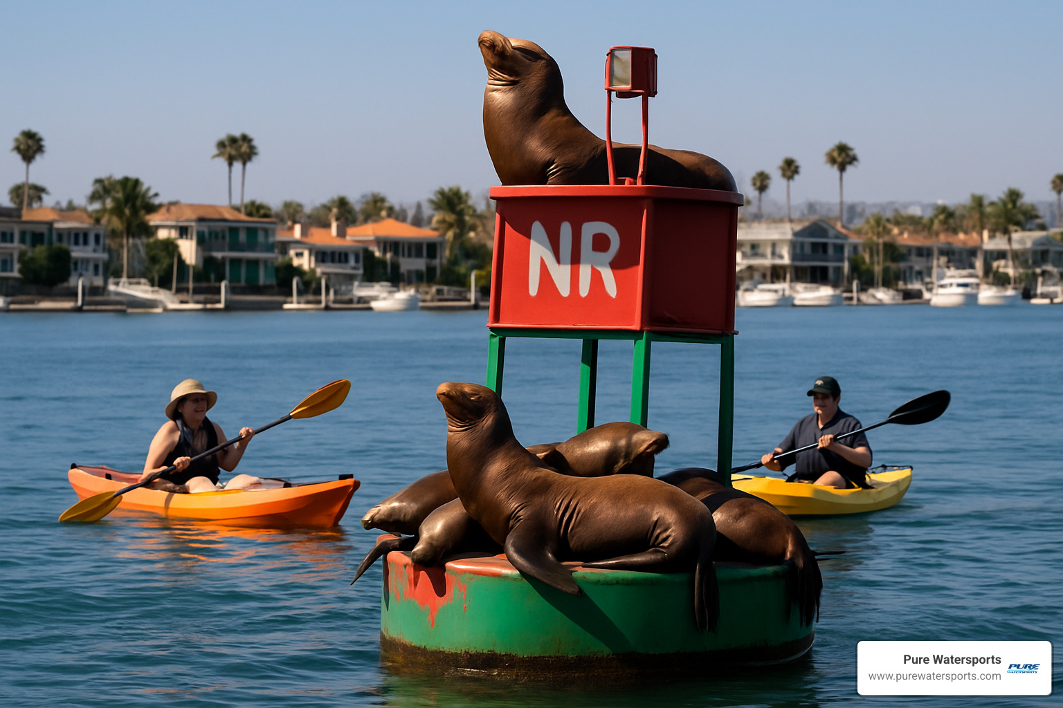Sea lions basking on a buoy in Newport Harbor with kayakers paddling nearby - kayak lessons Orange County