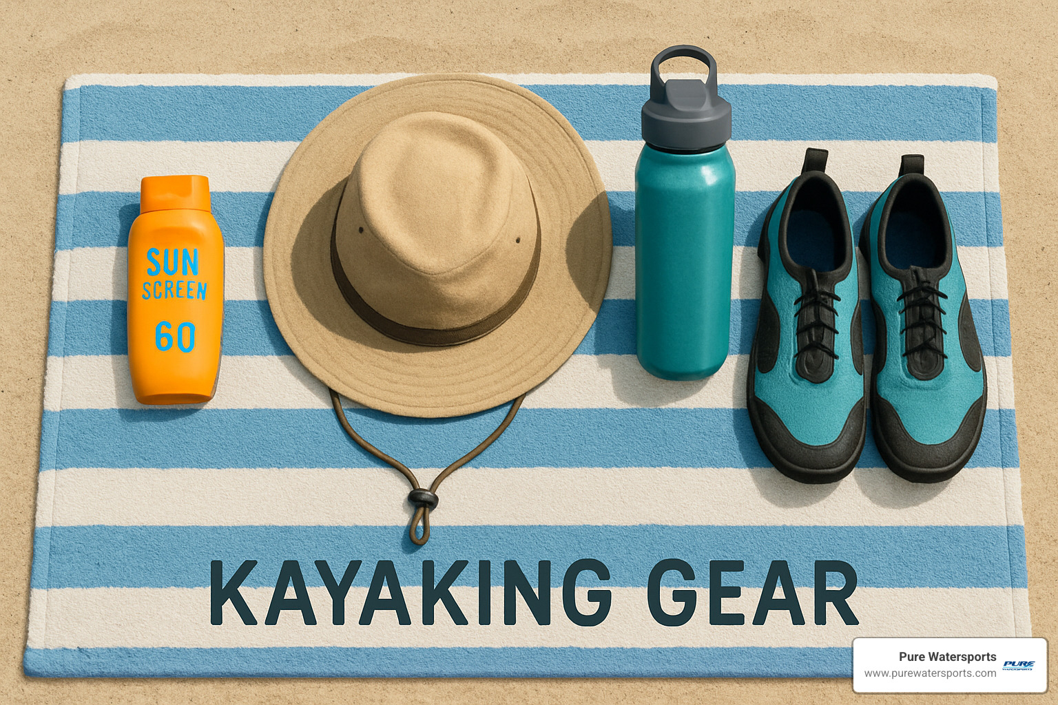 Essential kayaking gear laid out on a beach towel including sunscreen, hat, water bottle, and water shoes - kayak lessons Orange County