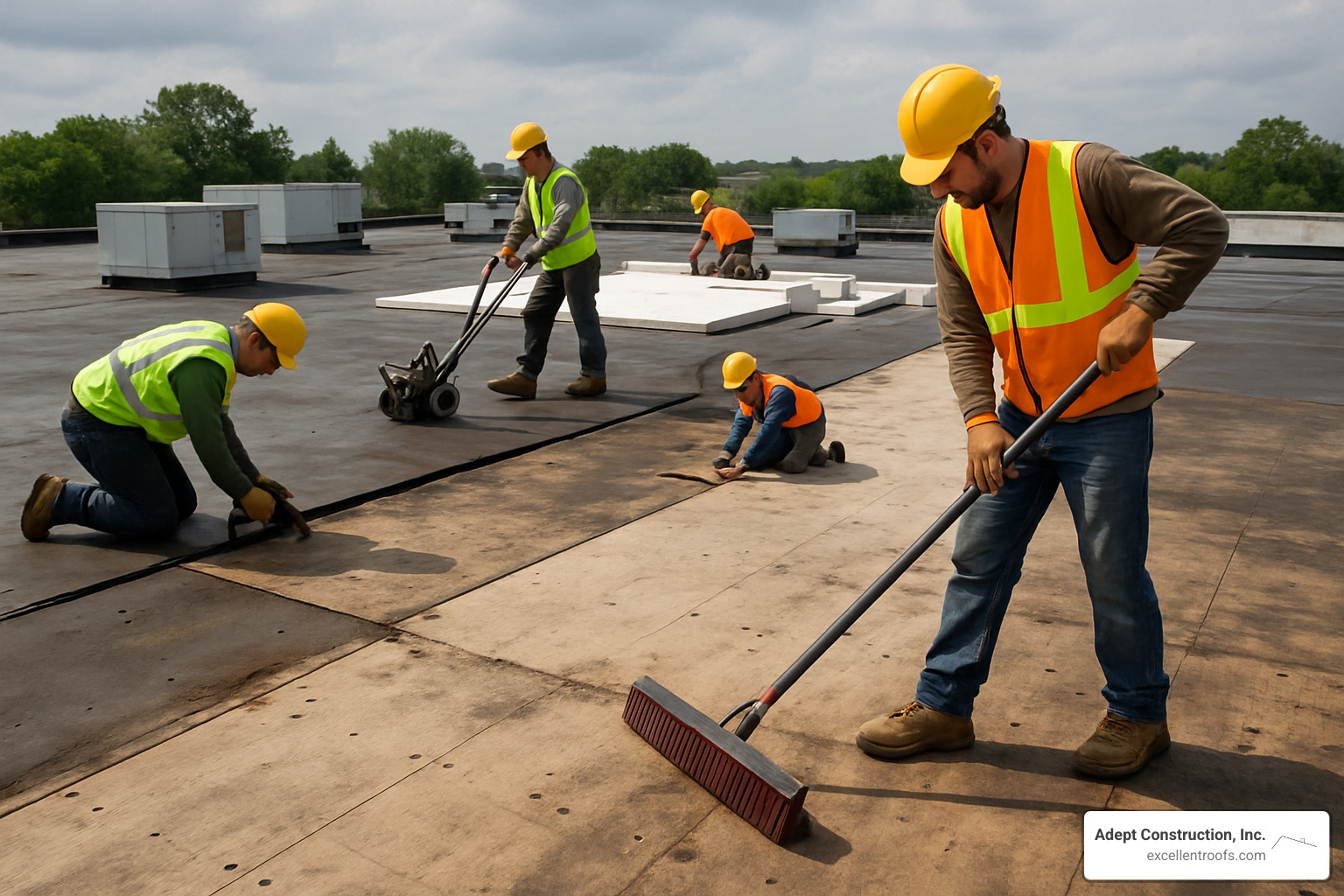 Team working on a large commercial roof replacement - roofers downers grove