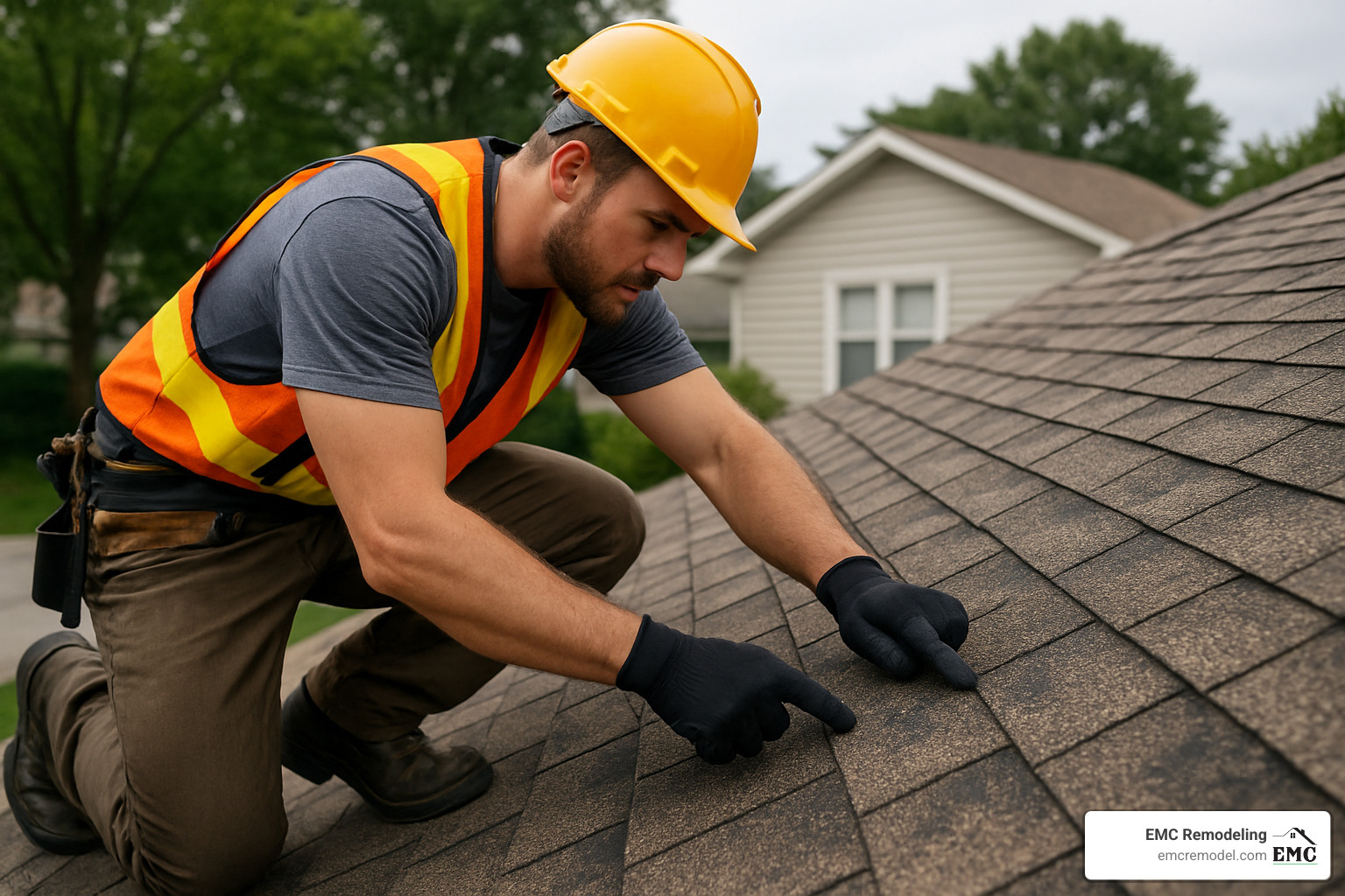 roofer inspecting a roof for hail damage - residential roofing belton tx