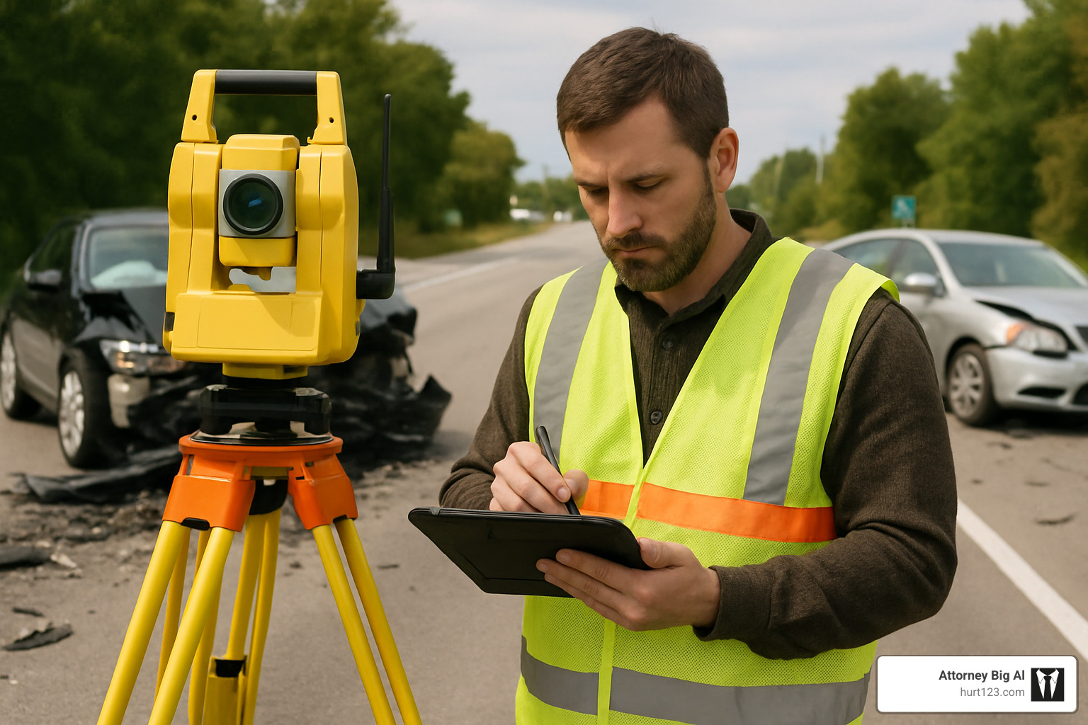 An accident reconstruction specialist examining a crash scene with measuring equipment and documentation - truck accident lawyer hollywood