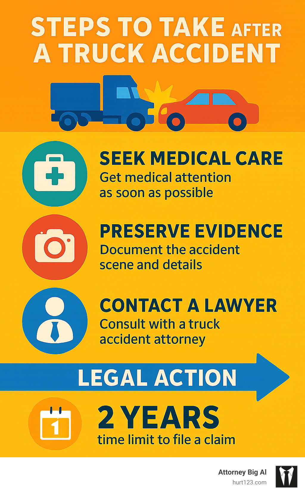 Infographic showing the steps to take after a truck accident and the timeline for legal action, including immediate medical care, evidence preservation, legal consultation, and claim filing deadlines - truck accident lawyer hollywood infographic 