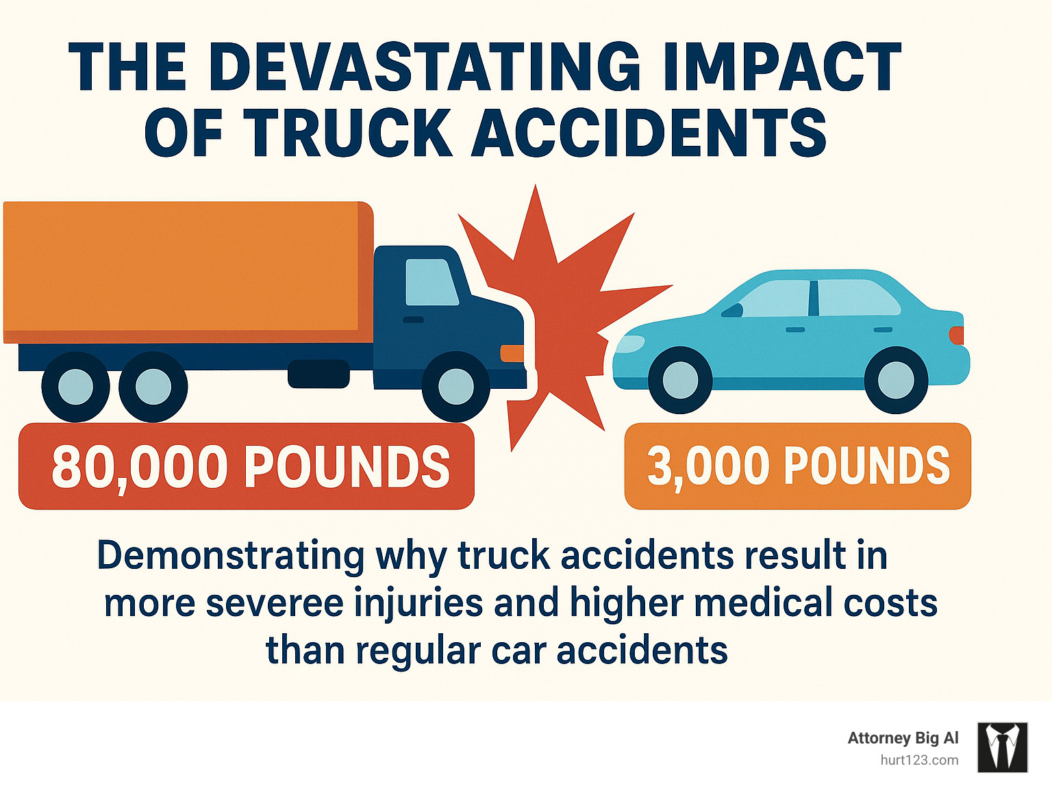 Infographic showing the weight difference between an 80,000-pound commercial truck and a 3,000-pound passenger car, demonstrating the devastating impact in a collision and explaining why truck accidents result in more severe injuries and higher medical costs than regular car accidents - truck accident lawyer hollywood infographic 