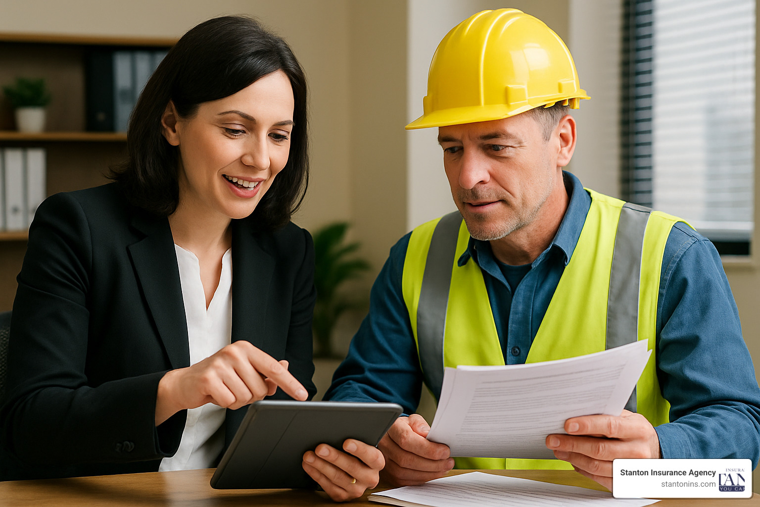 Insurance agent discussing policy with builder - builders insurance services