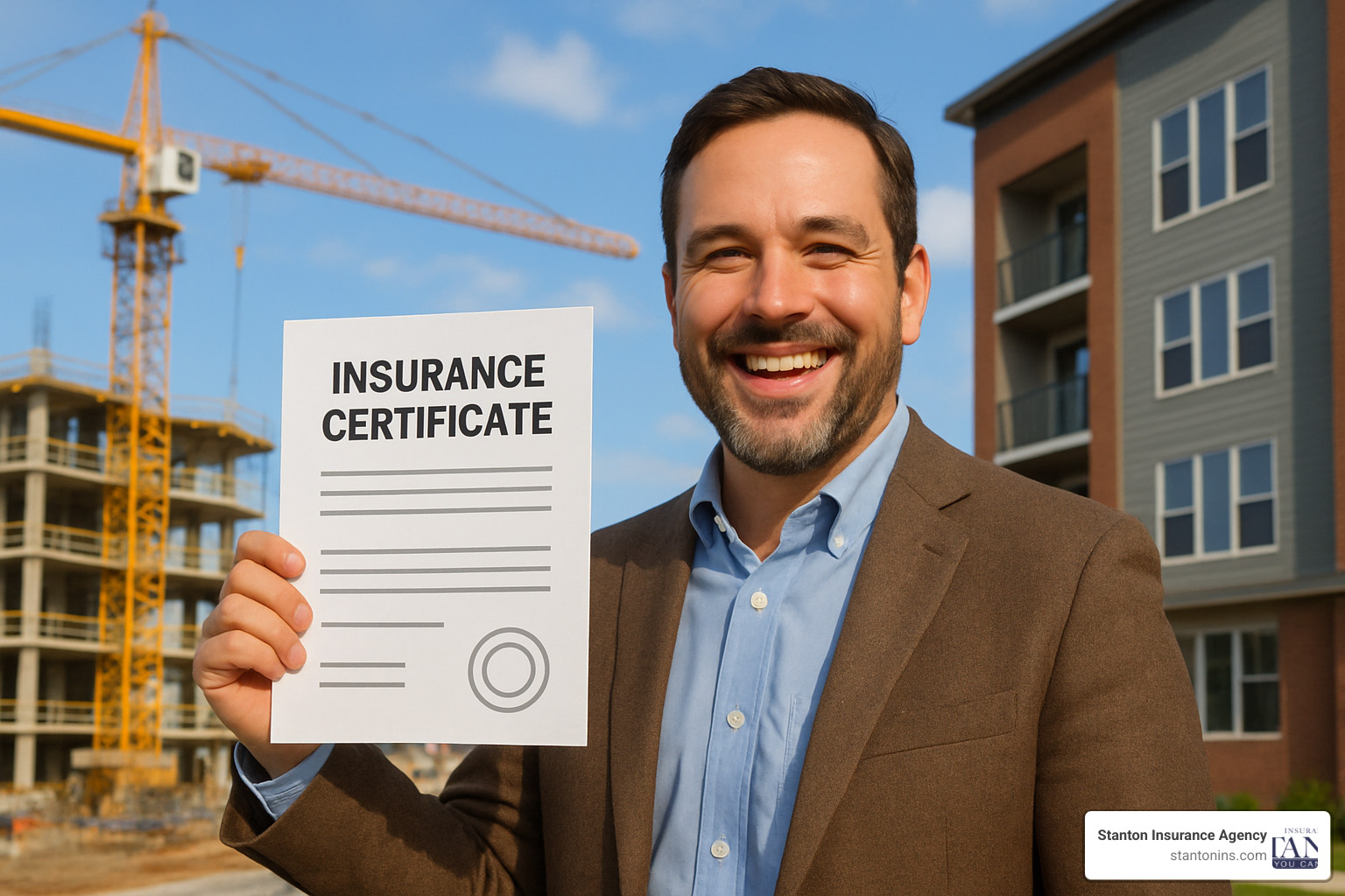 Happy project owner with insurance certificate - builders insurance services