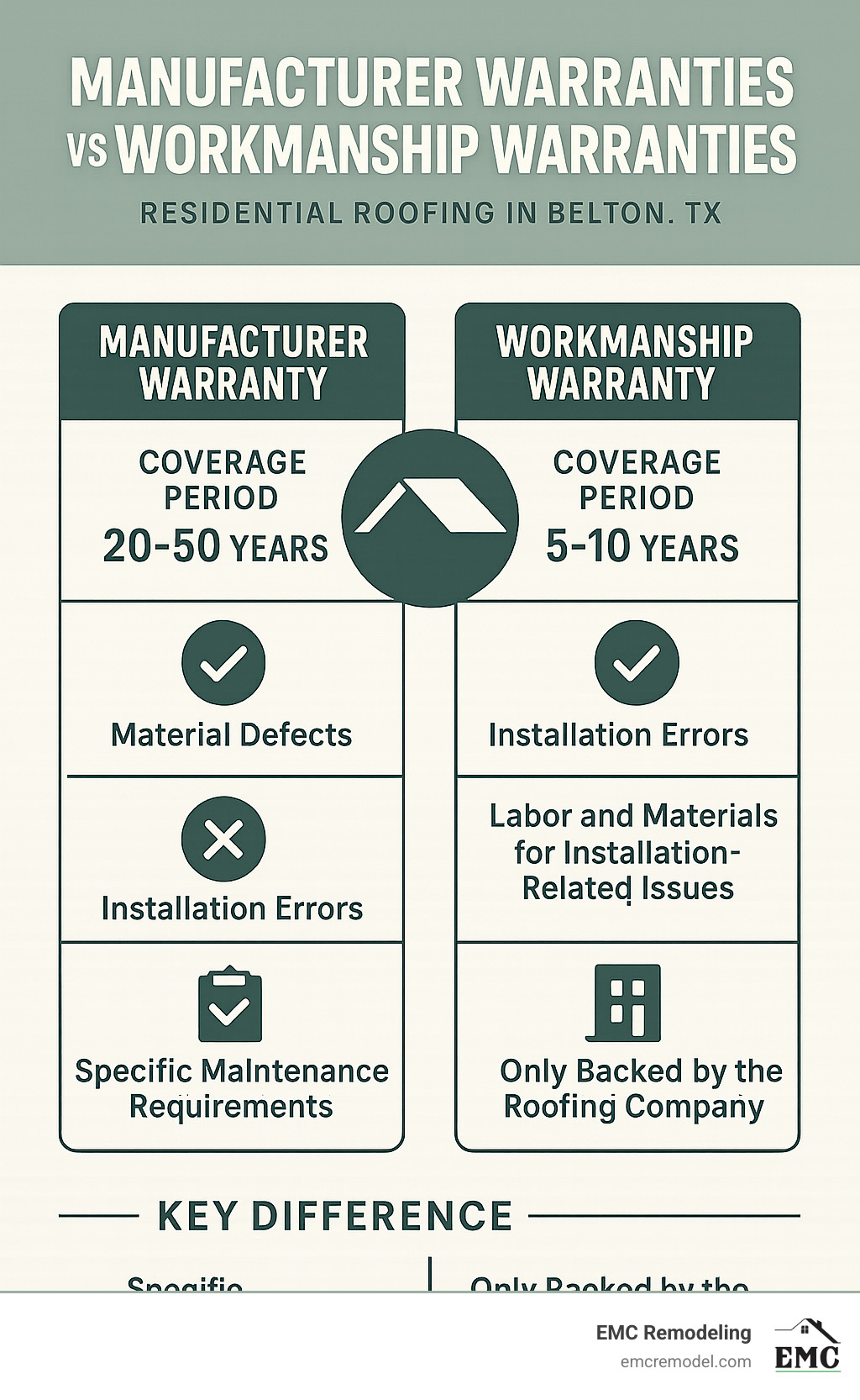 Detailed infographic comparing manufacturer warranties vs workmanship warranties, showing coverage periods, what's included, and key differences for residential roofing in Belton TX - residential roofing belton tx infographic 