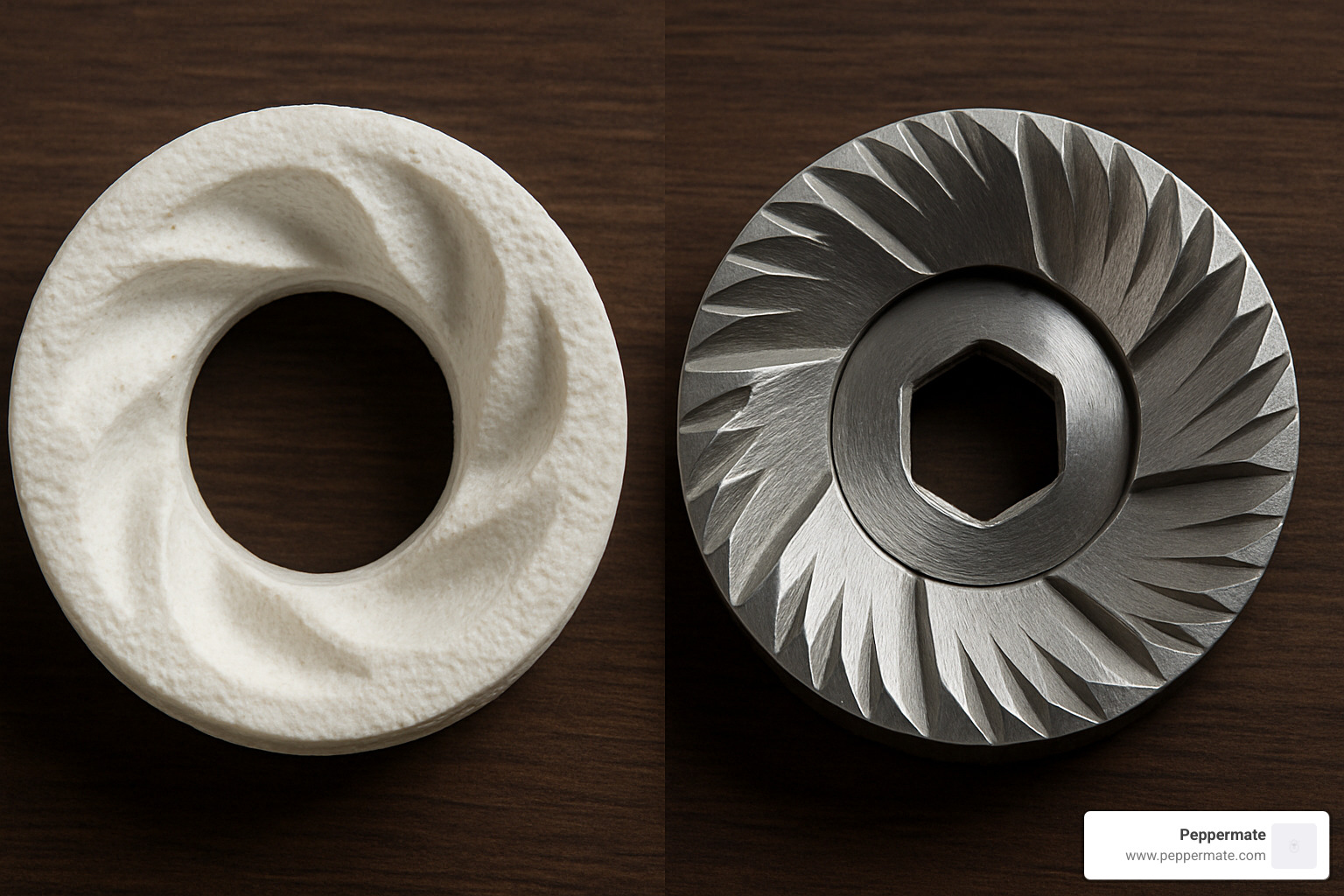 Close-up comparison of ceramic and steel burrs showing their different textures and grinding surfaces - pepper mills