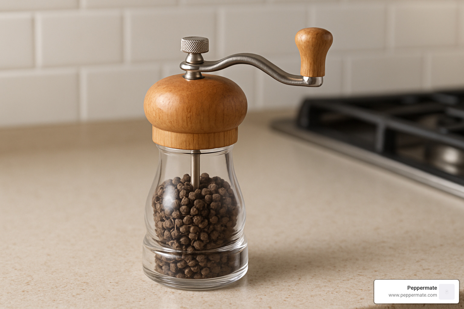 Crank-handle style pepper mill with clear base showing peppercorns inside - pepper mills