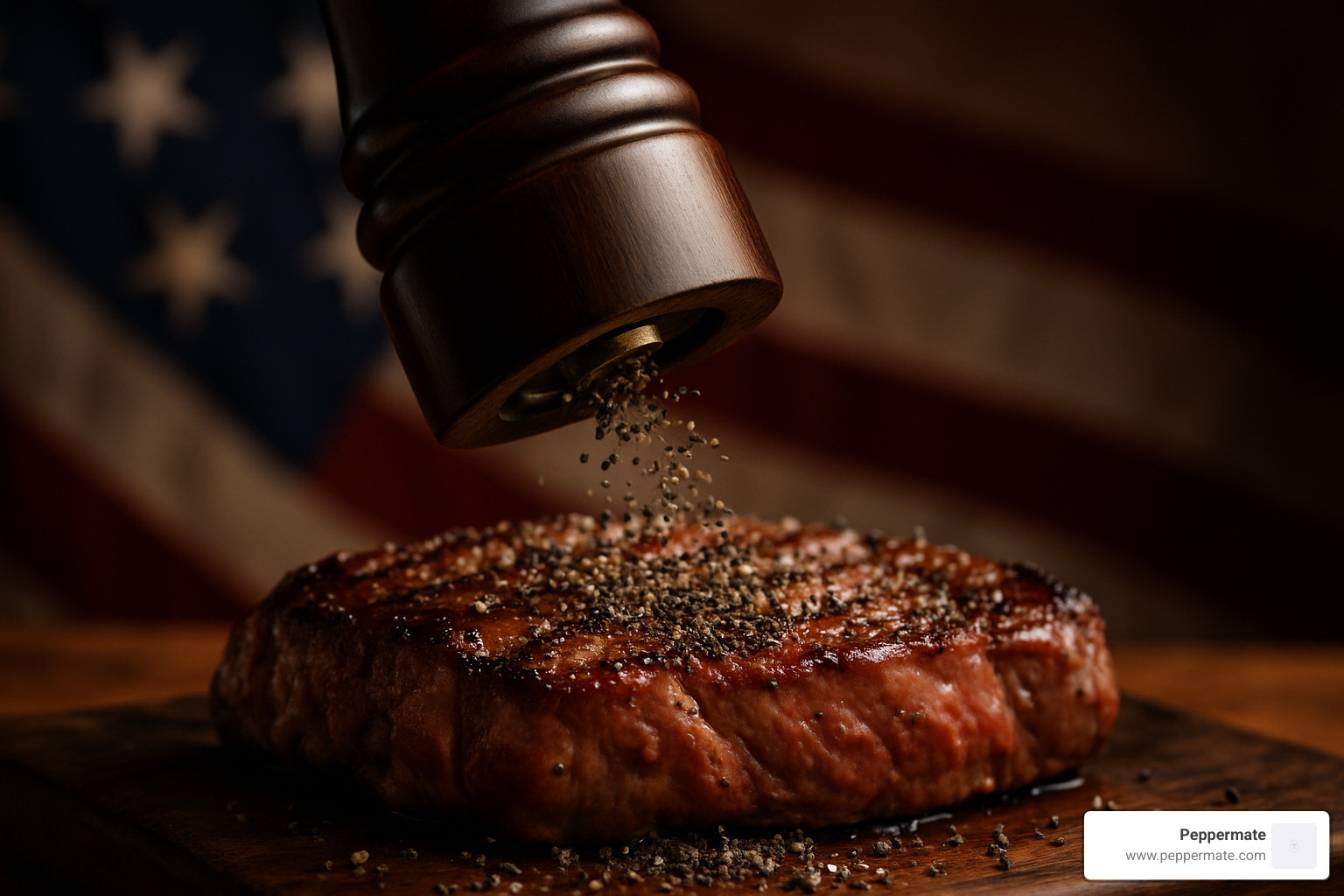 Large, powerful-looking pepper mill covering a steak with coarse black pepper - pepper mills