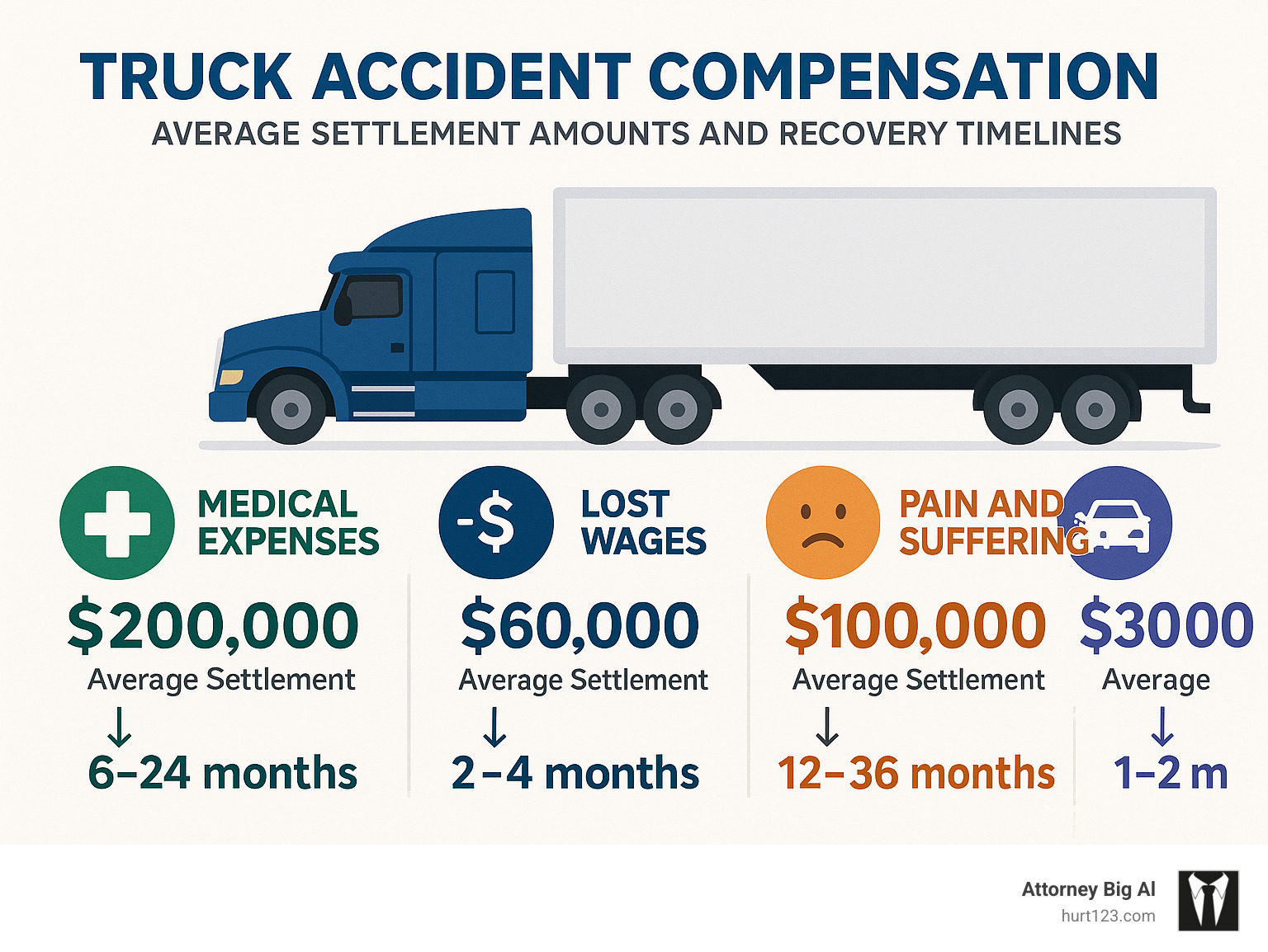 Infographic showing the breakdown of truck accident compensation categories including medical expenses, lost wages, pain and suffering, and property damage, with statistics on average settlement amounts and recovery timelines - truck accident lawyer hollywood infographic 