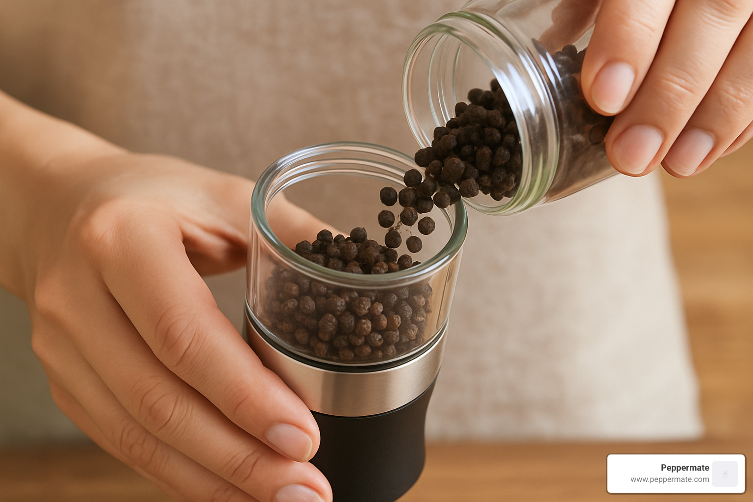 Someone easily refilling a wide-mouth pepper mill with peppercorns - pepper mills