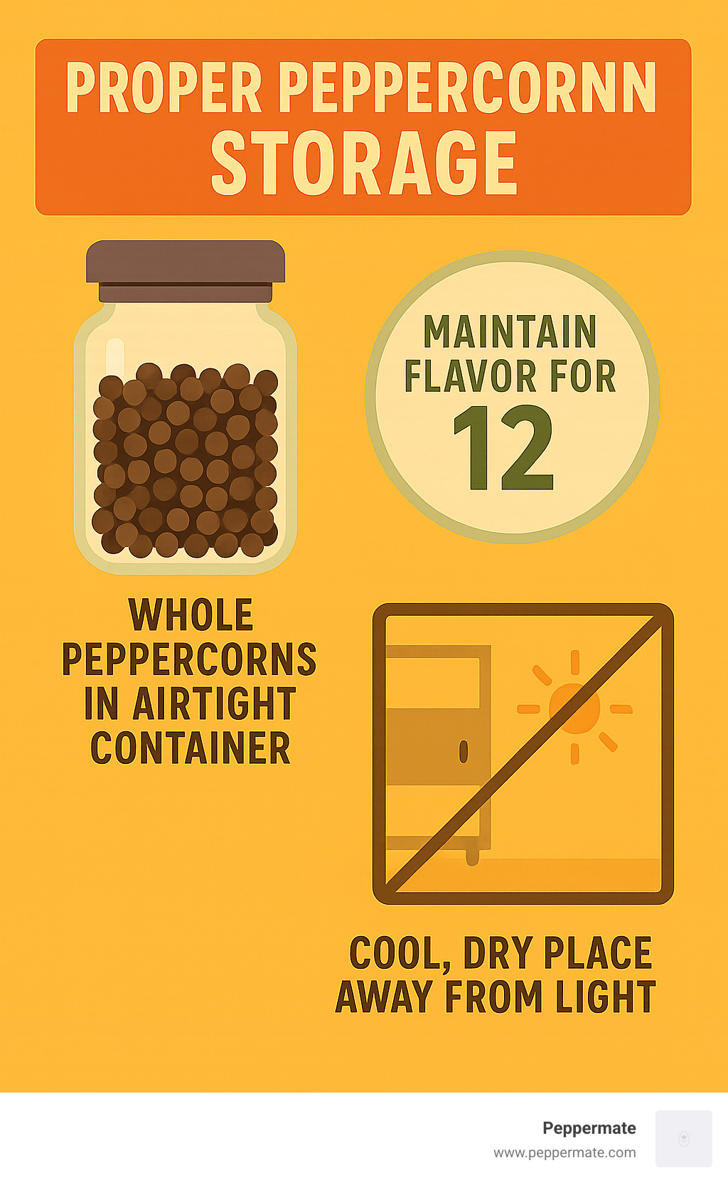 Infographic showing proper peppercorn storage: whole peppercorns in airtight containers maintain flavor for 12 months, while proper storage conditions include cool, dry places away from light - pepper mills infographic 