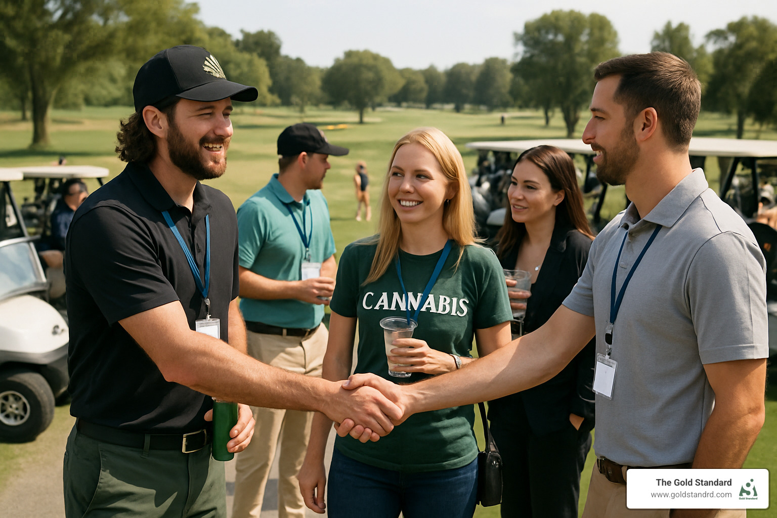 people networking at an outdoor cannabis industry golf event - cannabis event sponsorship