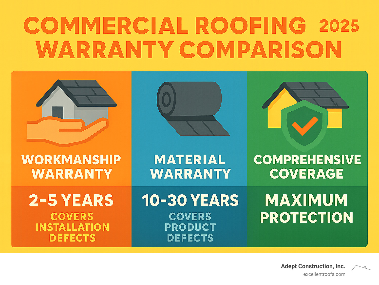 Commercial roofing warranty comparison showing typical coverage periods: workmanship warranties 2-5 years covering installation defects, material warranties 10-30 years covering product defects, and comprehensive coverage combining both types for maximum protection - roofers downers grove infographic 