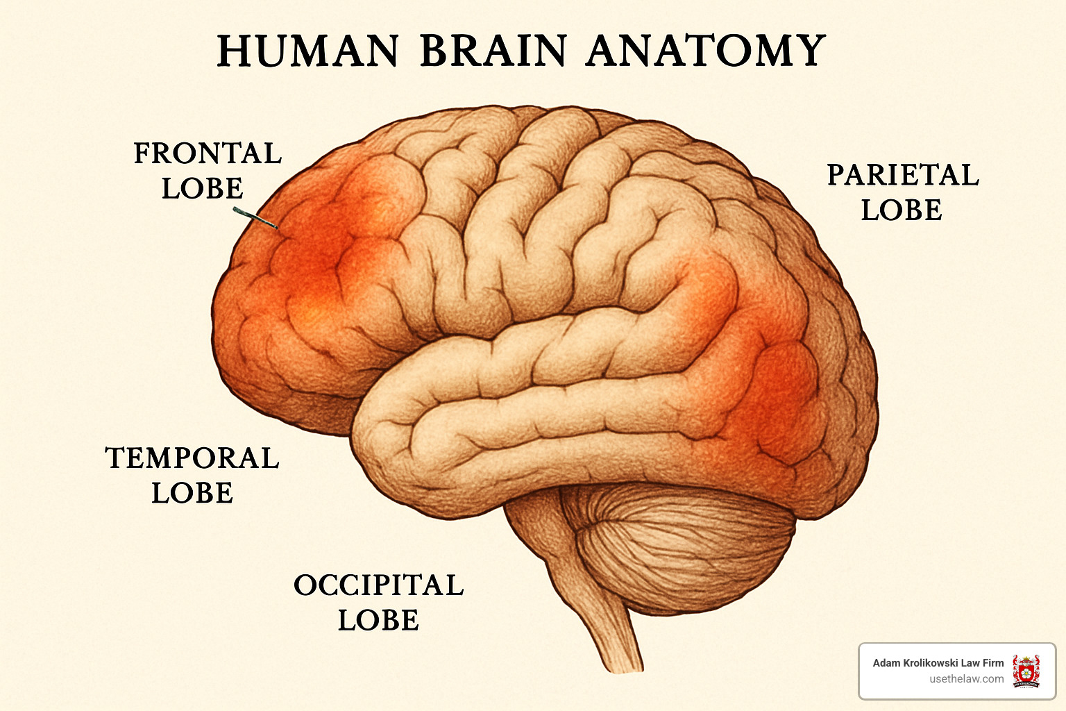 brain anatomy showing different lobes and areas affected by traumatic brain injury - head trauma injury attorney