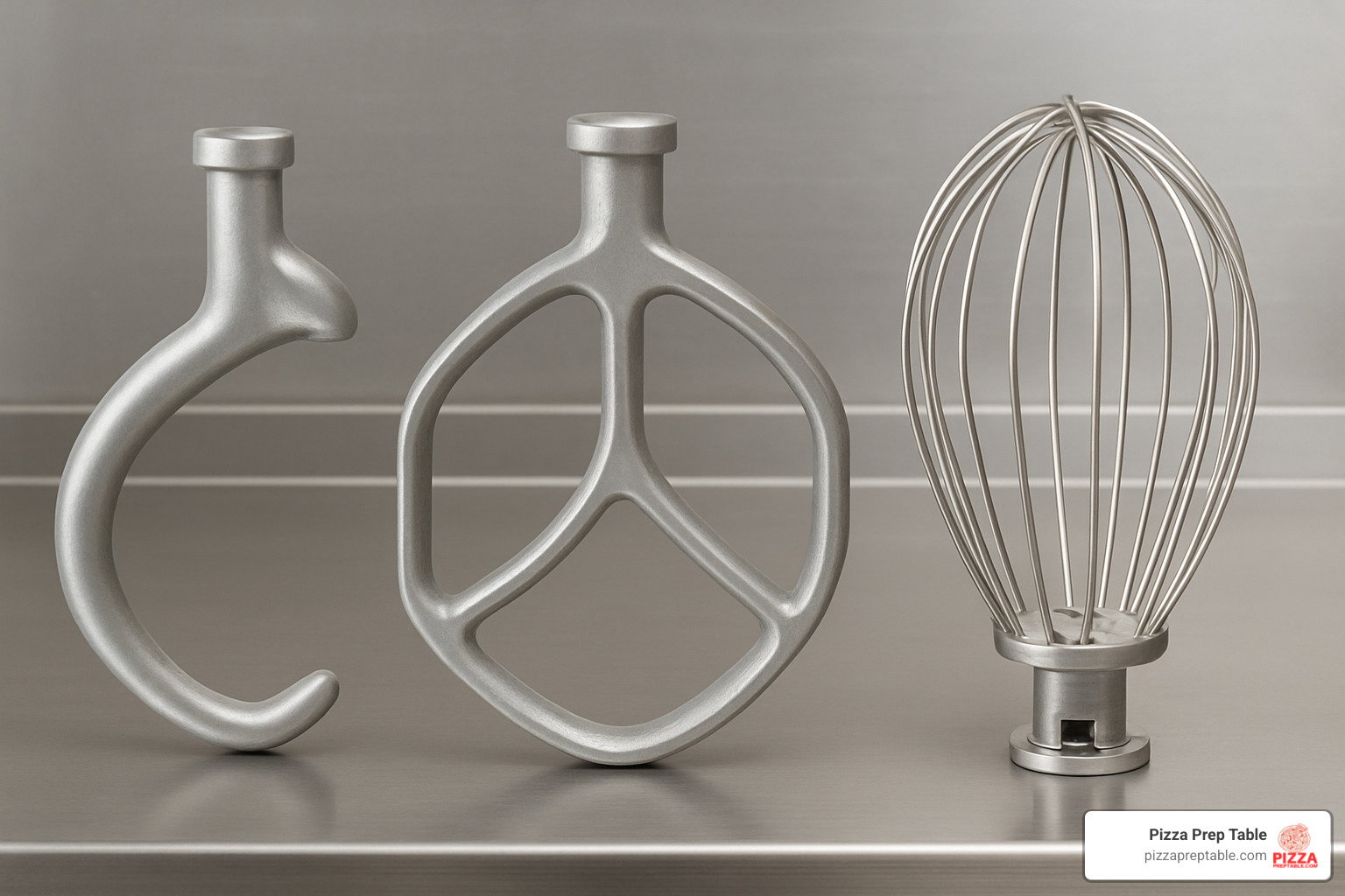 Standard planetary mixer attachments including dough hook, flat beater, and wire whip displayed on a prep table - planetary mixers