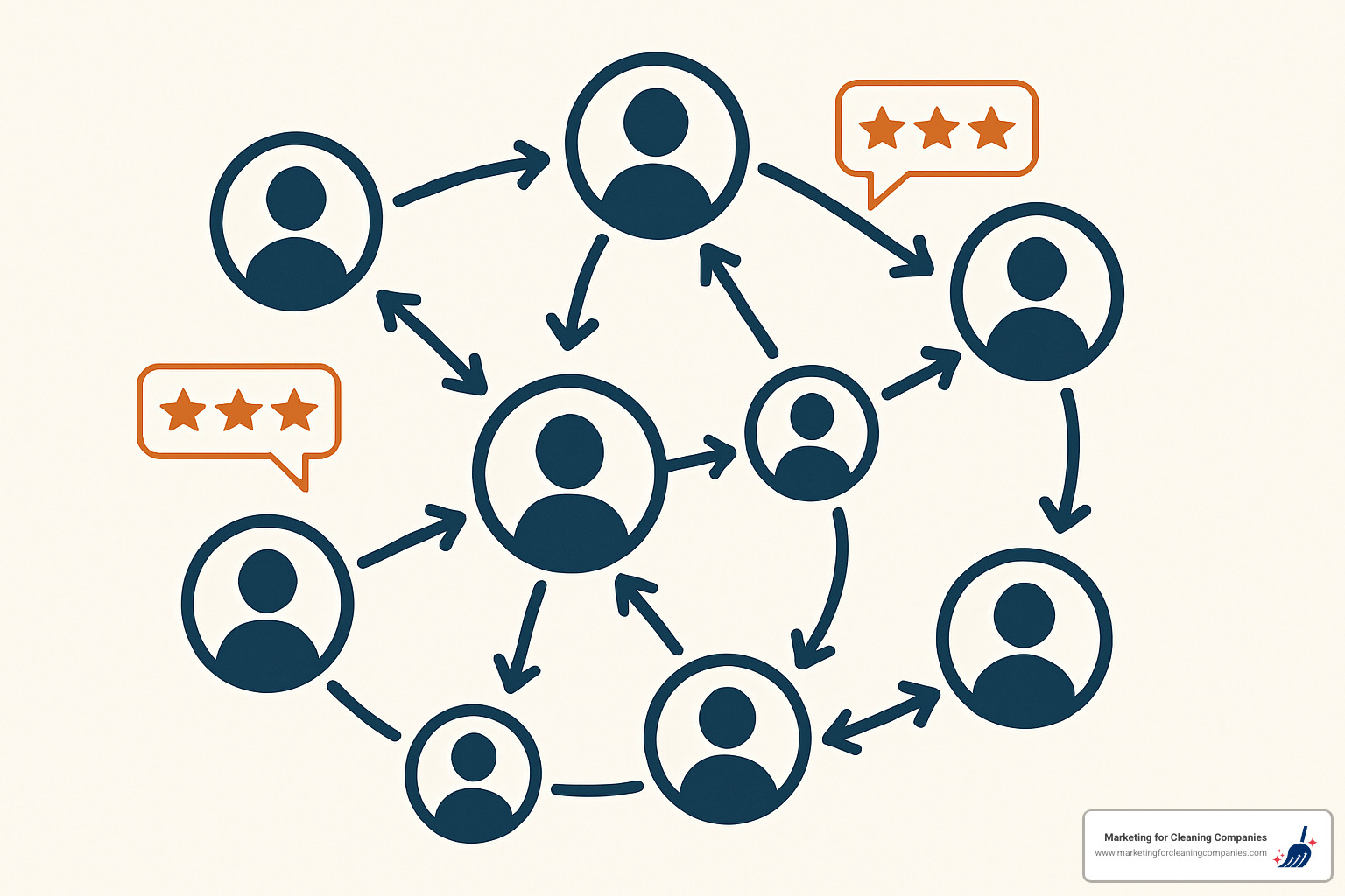 Illustration of a customer referral network showing connected people icons with arrows indicating referral relationships and positive reviews flowing between them - cleaning business marketing tips