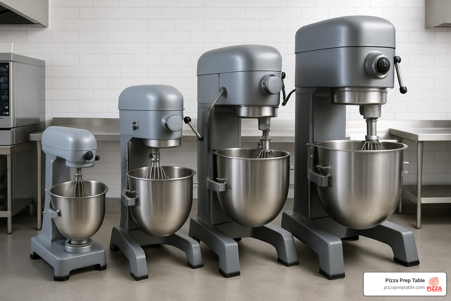 Lineup of different sized planetary mixers from small countertop to large floor models - planetary mixers