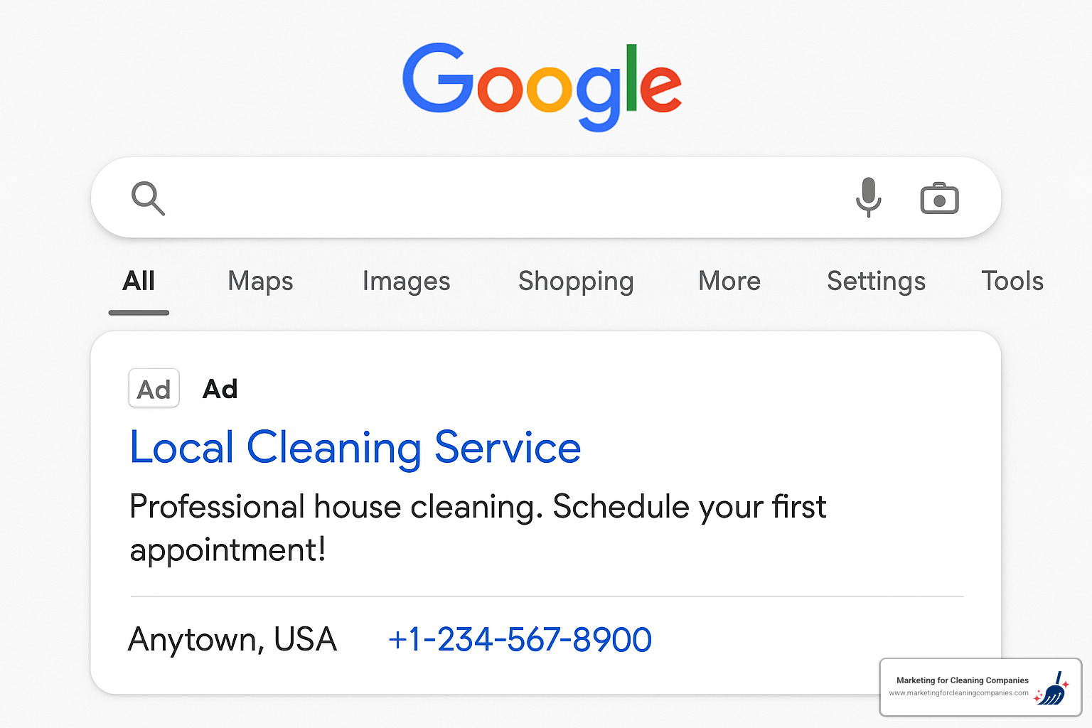 Example of a Google Ad for a local cleaning service showing headline, description, location, and call button - cleaning business marketing tips