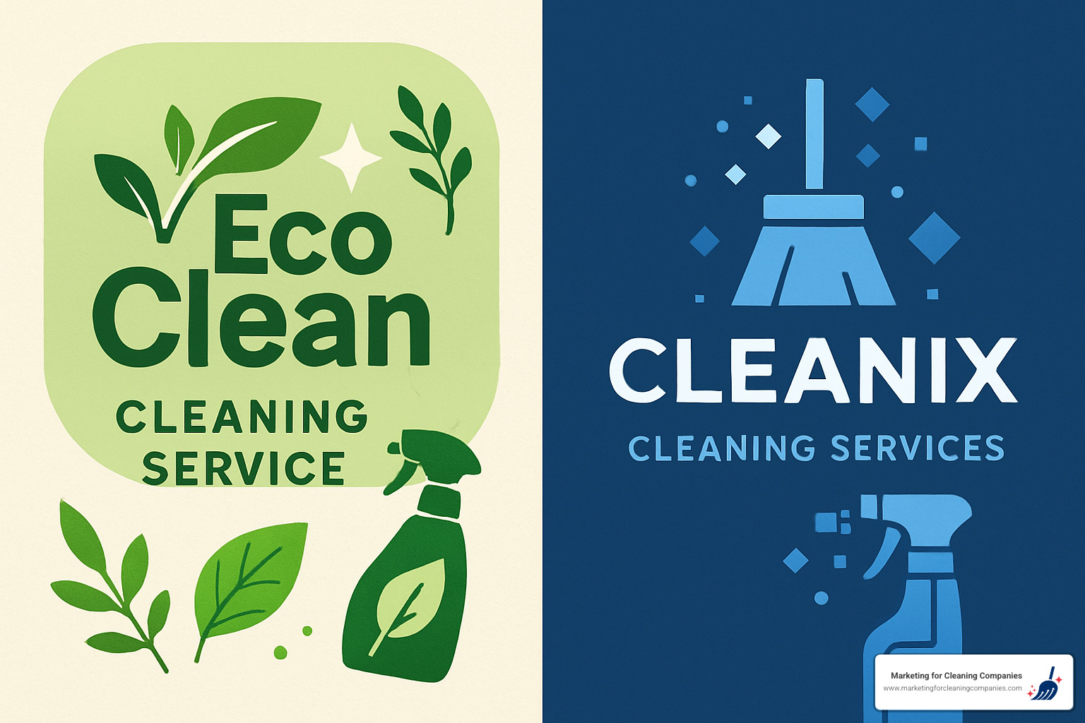 Two different cleaning business brand styles side by side - one showing eco-friendly branding with green colors and natural elements, the other showing high-tech corporate branding with blue colors and modern design - cleaning business marketing tips