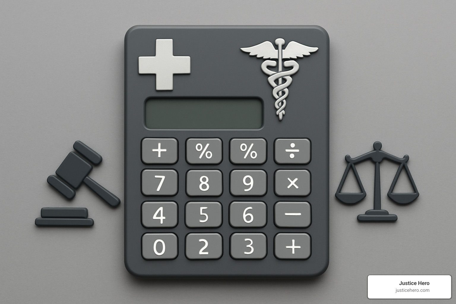 calculator with medical and legal symbols - motor vehicle accident lawsuit settlement