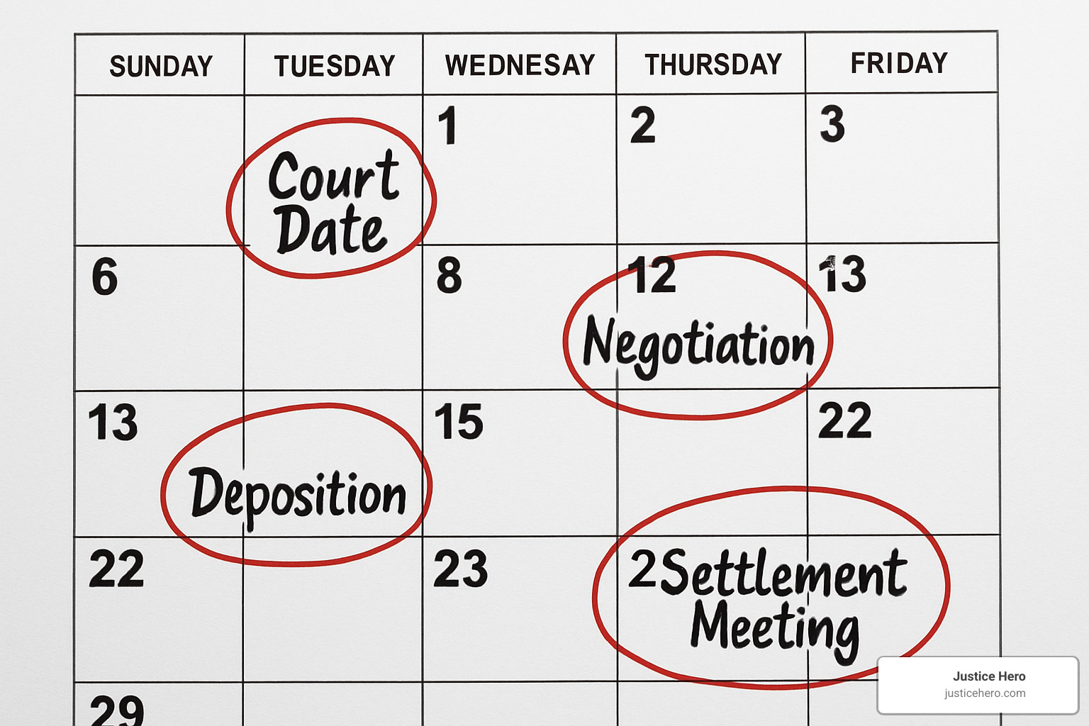 calendar with court and negotiation dates marked - motor vehicle accident lawsuit settlement
