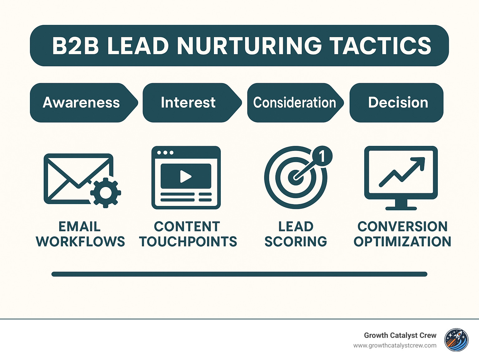 Infographic showing the B2B lead nurturing process with stages from awareness to decision, including email workflows, content touchpoints, lead scoring milestones, and conversion optimization tactics - b2b lead nurturing tactics infographic
