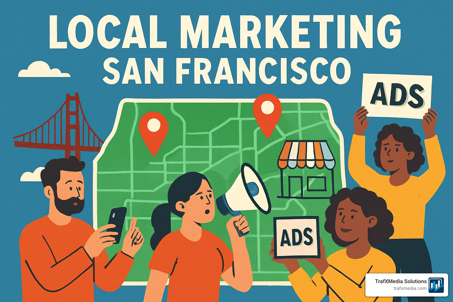 A friendly, Caucasian male barista in a cozy SF coffee shop handing a branded cup to a customer, with a neat stack of promotional postcards for a local art fair on the counter - Local marketing San Francisco