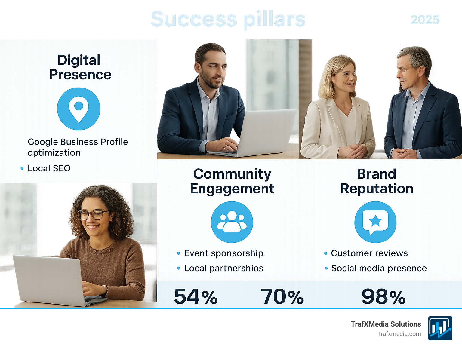 Infographic showing Local Marketing San Francisco success pillars including Digital Presence (with Google Business Profile optimization and local SEO), Community Engagement (with event sponsorship and local partnerships), and Brand Reputation (with customer reviews and social media presence). Statistics displayed: 54% of social media users research products before buying, 70% more likely to purchase after retargeting, and 98% text message open rates. Features diverse professionals of Western European descent in San Francisco business settings. - Local marketing San Francisco infographic 