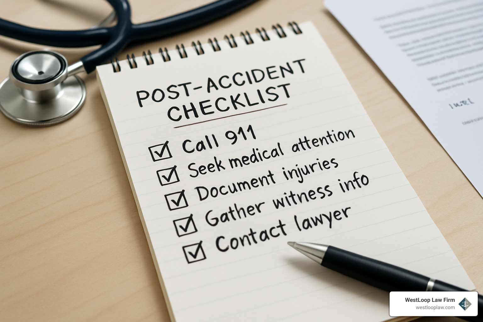 Notepad with a detailed checklist of post-accident steps including medical care, documentation, and legal consultation - experienced motorcycle accident lawyer