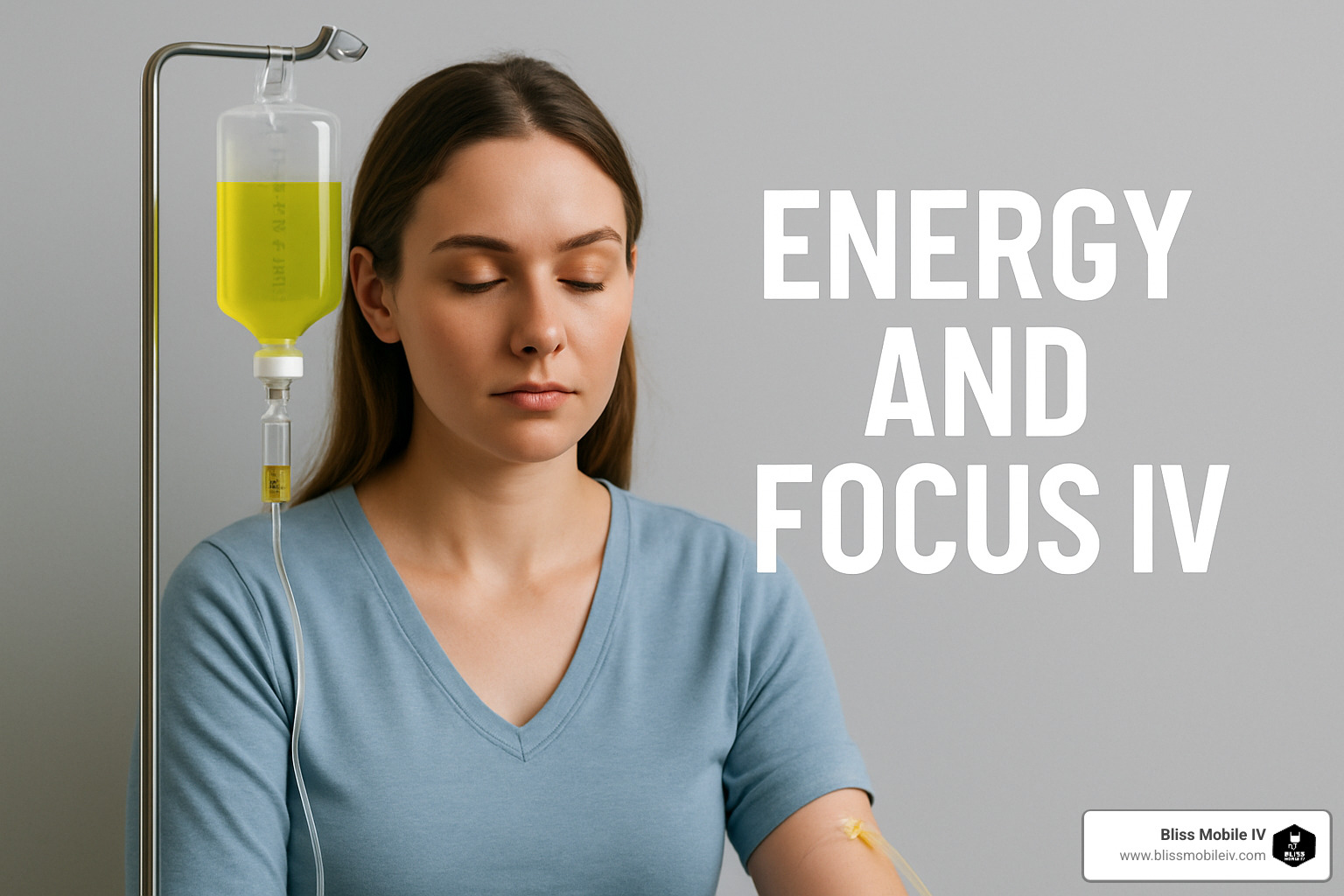 IV bag showing key ingredients like B-Complex vitamins, Vitamin C, and other energy-supporting nutrients - energy and focus iv