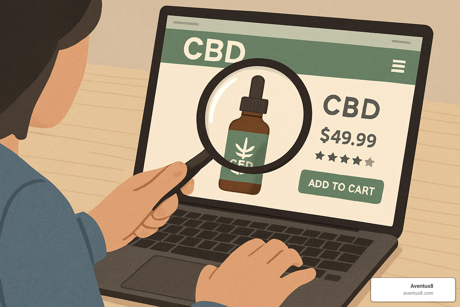 Person on laptop looking at CBD product page with magnifying glass - Full-spectrum CBD online