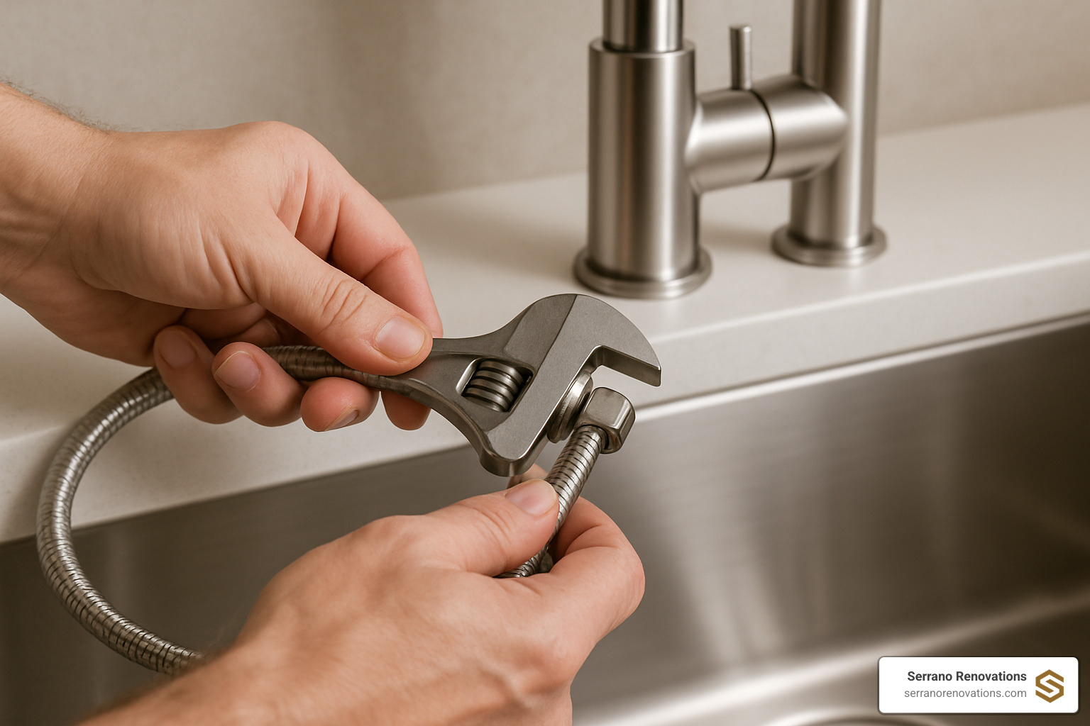 hands tightening water supply line to new faucet with adjustable wrench - Bathroom vanity installation